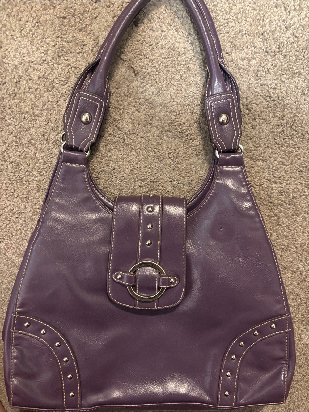 Purple Leather Shoulder Bag with Stud Accents